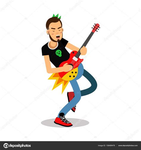 Rock Musician Playing On Electrical Guitar Cartoon Character Vector