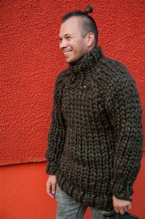 Сhunky Knit Sweater Mens Sweater Big Knit Turtleneck Bulky Yarn