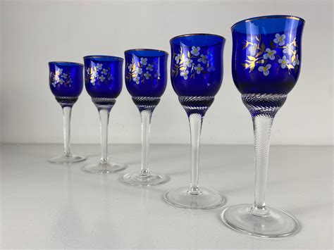 Czechoslovakia Vintage Blue Crystal Bohemia Wine Glasses With A Flowery Design Set Of 5 Mcm