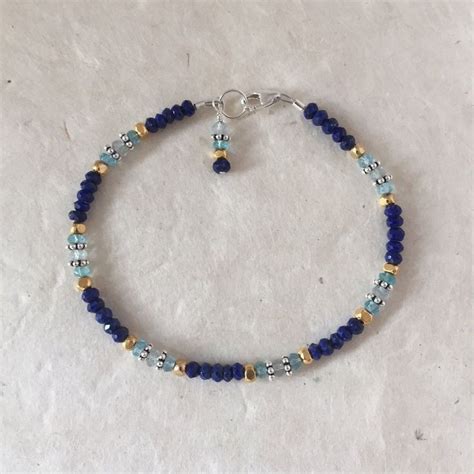 Lapis Lazuli Apatite Aquamarine Karen Hill Tribe Thai Silver And Gold Beaded Bracelet 7 Inches