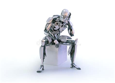 A Male Humanoid Robot Android Or Cyborg Sit Down And Thinking On