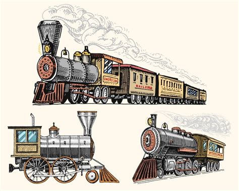 Engraved Vintage Hand Drawn Old Locomotive Or Train With Steam On American Railway Retro