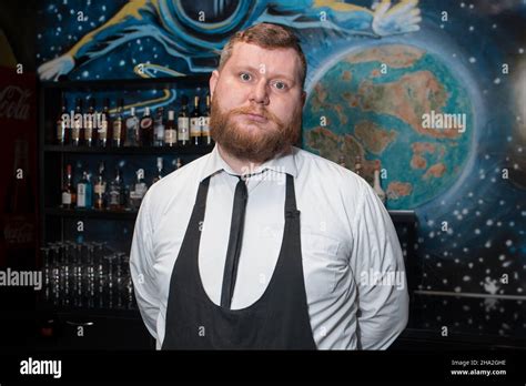 Bearded Adult Caucasian Looking Professional Bartender Portrait In