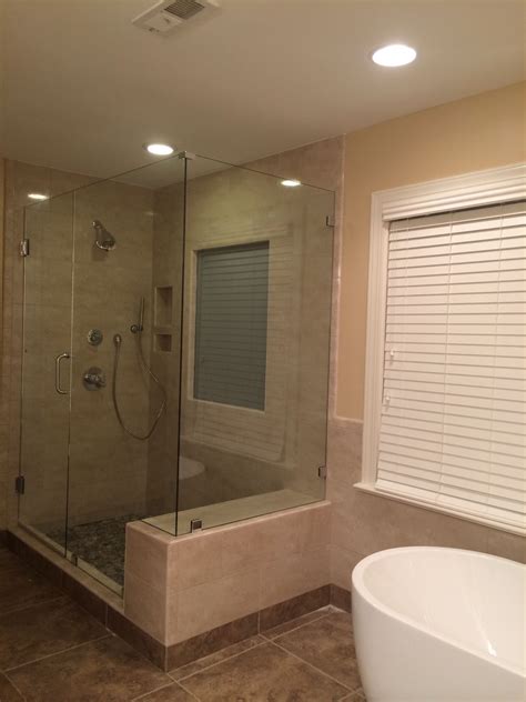 See more ideas about shower remodel, bathrooms remodel, small bathroom. Frameless 90 degree corner shower with built in bench seat ...
