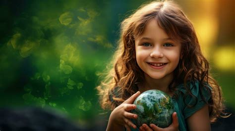 Ai Generated Happy Girl Hugging Planet Earth Kid Embracing Globe Earth