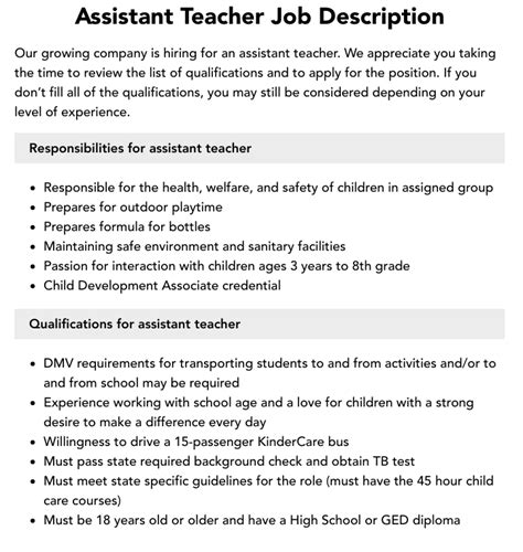 Assistant Teacher Job Description Velvet Jobs