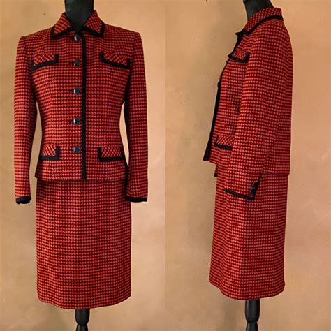 Vintage Aquascutum Of London Houndstooth Skirt Suit Set Red And Black