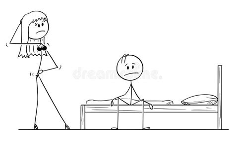 Vector Cartoon Of Impotent Man Sitting Frustrated On Bed While Woman Or