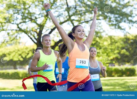Happy Young Female Runner Winning On Race Finish Stock Image Image
