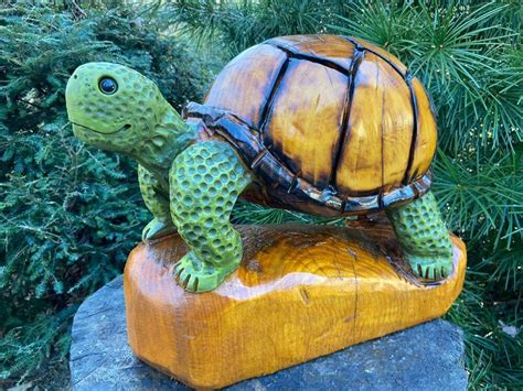 Chainsaw Carved Turtle White Pine Wood Tortoise Statue Original