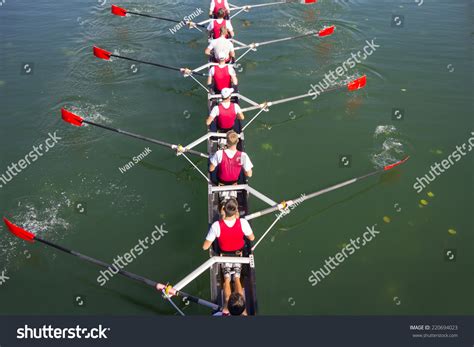 Rowers Eightoar Rowing Boats On Tranquil Stock Photo 220694023