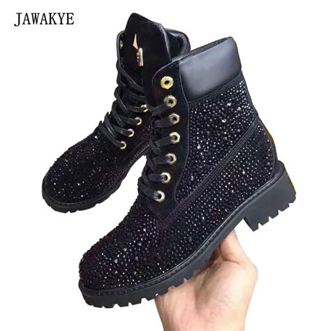 jawakye black rhinestone flat ankle boots women gladiator thick heel short winter boots crystal