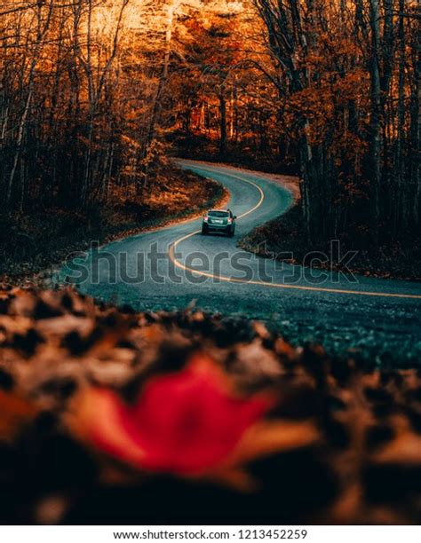 Car Driving On Winding Road In Autumnfall Beautiful Warm Seasonal