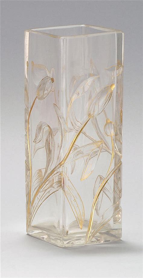 Lot Heavy Square Cut Glass Vase Attributed To Moser Clear With Gilt Highlighting To Cut