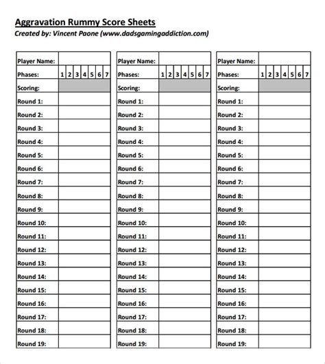 Shanghai Rummy Score Sheet Printable