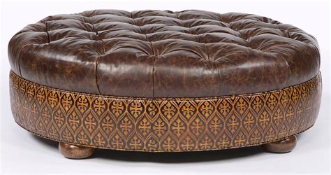 Fairplay oversized ottoman chair and relax with caster gray. Large round tufted leather ottoman. American furniture.
