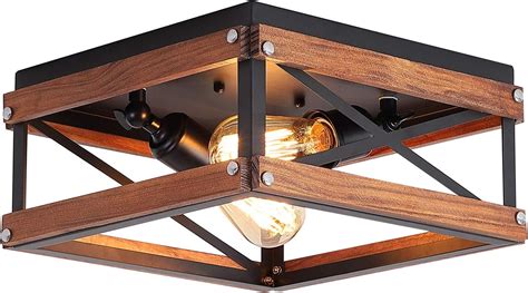 Rustic Farmhouse Flush Mount Light Fixture Two Light Metal And Wood Square Flush Mount Ceiling