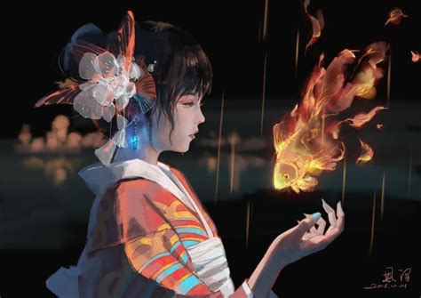 Wallpaper Anime Girl Crying Kimono Flames Tears Brown Hair