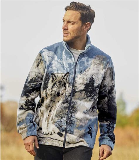 Mens Wolf Print Full Zip Fleece Jacket Blue Grey Atlas For Men