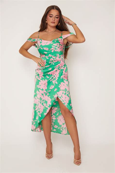 Camila Pink And Green Floral Wrap Over Midi Dress Sassy Dresses