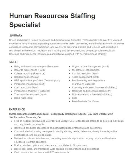 Human Resources Staffing Specialist Resume Example