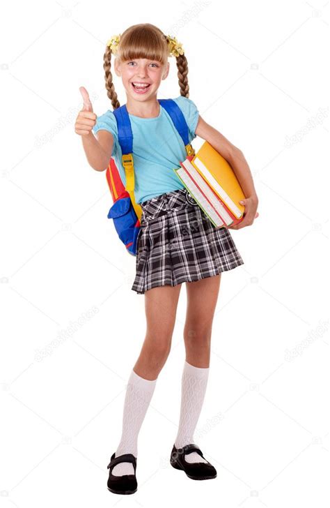 Schoolgirl With Backpack Holding Books And Showing Thumb Up ⬇ Stock