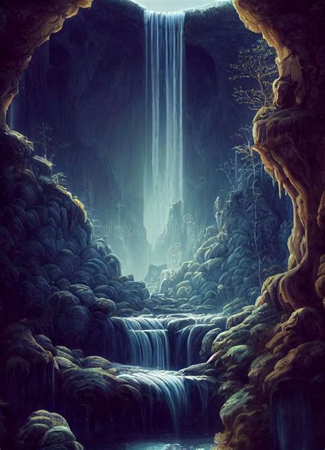 Vertical Shot Of A Painting Of Cave With Waterfall Stock Illustration