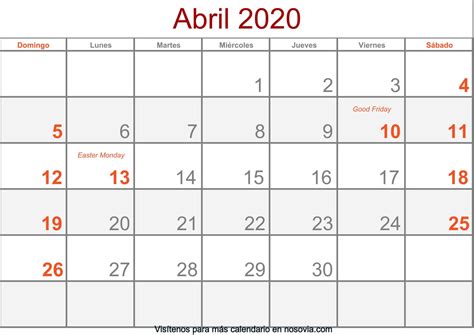 Calendario Abril 2020 Con Festivos Imprimir