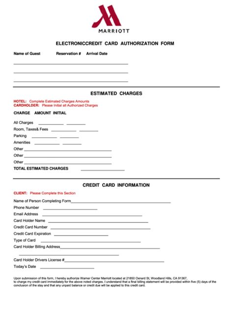 A credit card authorization form is one way to protect yourself against chargebacks. Fillable Marriot Electronic Credit Card Authorization Form printable pdf download