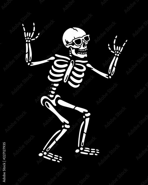 Happy Skeleton In Sunglasses With Rock Sign Black Background Stock
