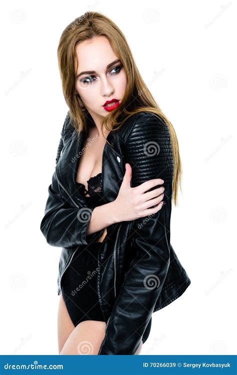 Woman In Black Leather Jacket Stock Image Image Of Glamorous Beauty 70266039