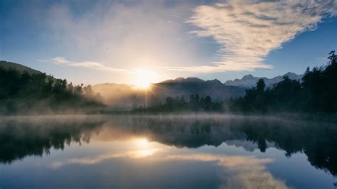 Mountains New Zealand Sky Mist Lake Trees Forest Sun Rays Water