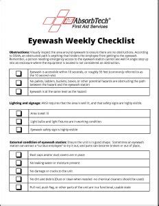 Video instructions and help with filling out and completing osha compliant eyewash station sign off sheets. Eyewash Station Weekly Checklist - ITU AbsorbTech First Aid