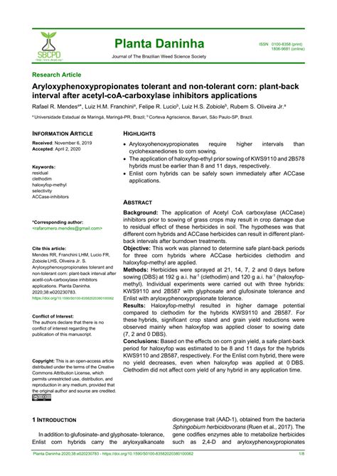 PDF Aryloxyphenoxypropionates Tolerant And Non Tolerant Corn Plant Back Interval After Acetyl