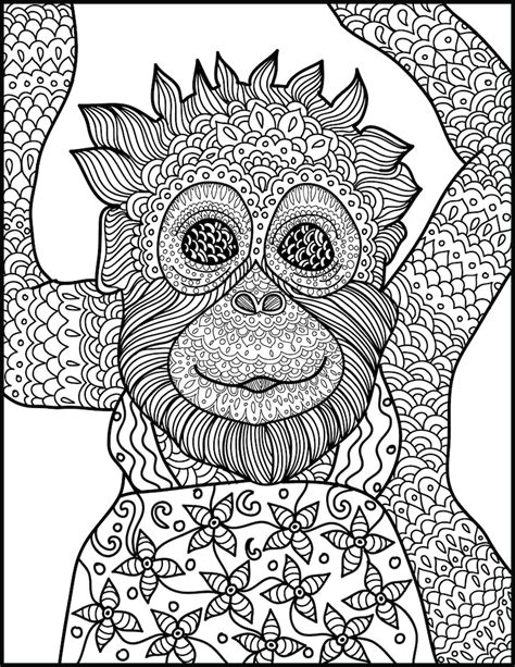 Animal Coloring Page Monkey Printable Adult Coloring Page Etsy