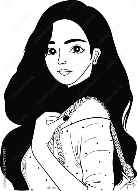 Indian Girl Hold Purse In Their Hand Artistic Black And White Clip Art