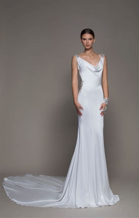 Satin Crepe Sheath With Cowl Neckline Crystal Straps And Plunging