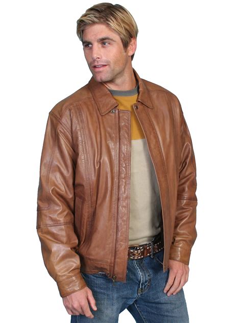 Scully Leather Mens Premium Lambskin Zip Front Jacket Cognac Soft The