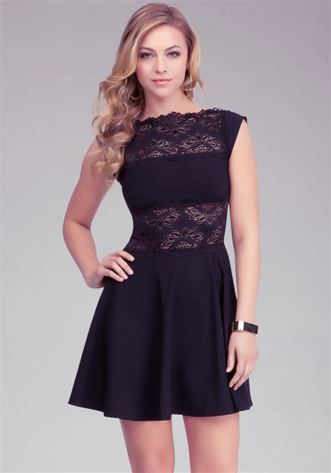 Lyst Bebe Lace Panel Midriff Dress In Black