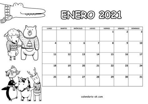 Enero 2021 Calendario Infantil 2021 Para Imprimir Y Colorear