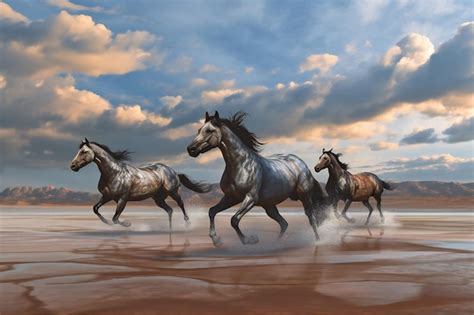 Premium Photo Horses Run Fast In Sand Against Dramatic Sky Animals