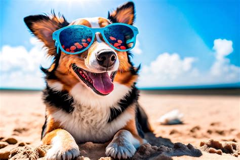 Premium Photo Cute Dog Wearing Sunglasses Enjoying Summer On Beach Sand