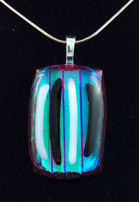 Iridized Red With Black And White Stripes Fused Glass Pendant Annes