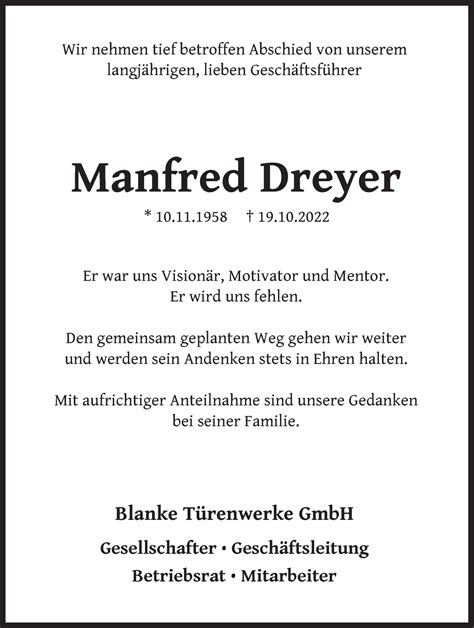 Traueranzeigen Von Manfred Dreyer Trauer Gedenken