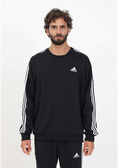 Black Essentials Fleece Stripes Crewneck Sweatshirt For Men Adidas