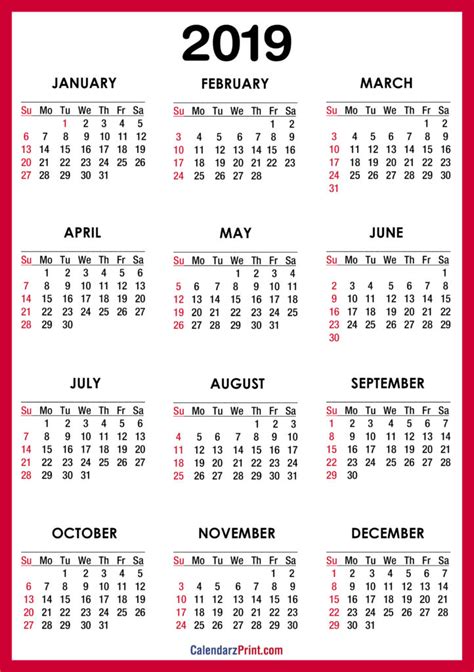 2019 Calendar Printable Free Red Sunday Start Hd