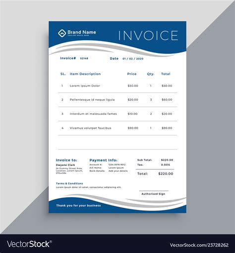 Blue Business Invoice Template In Wave Style Vector Image