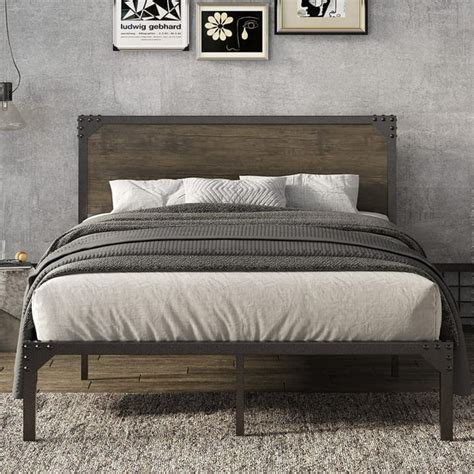 Allewie Full Size Industrial Bed Frame With Wooden Rivet Headboard Strong Steel Slat Support