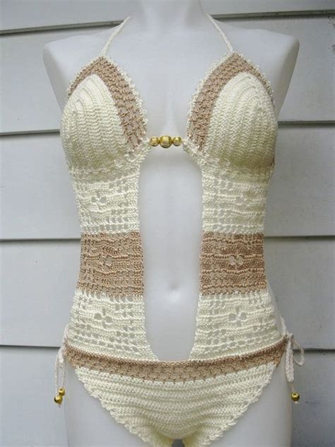 crochet one piece monokini bkini top bathing suit swimsuit pearl crea…