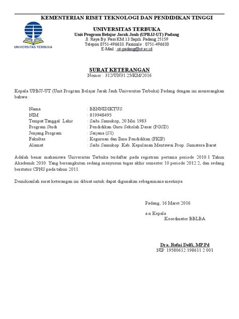 Surat Keterangan Lulus Universitas Terbuka Surakarta Imagesee